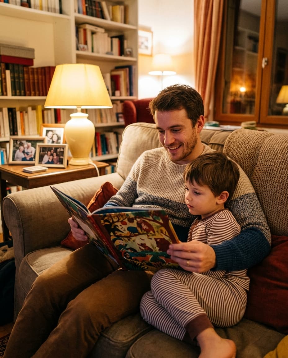 Pierre-Louis, créateur de Storymagine, lit une histoire à son neveu Féfé