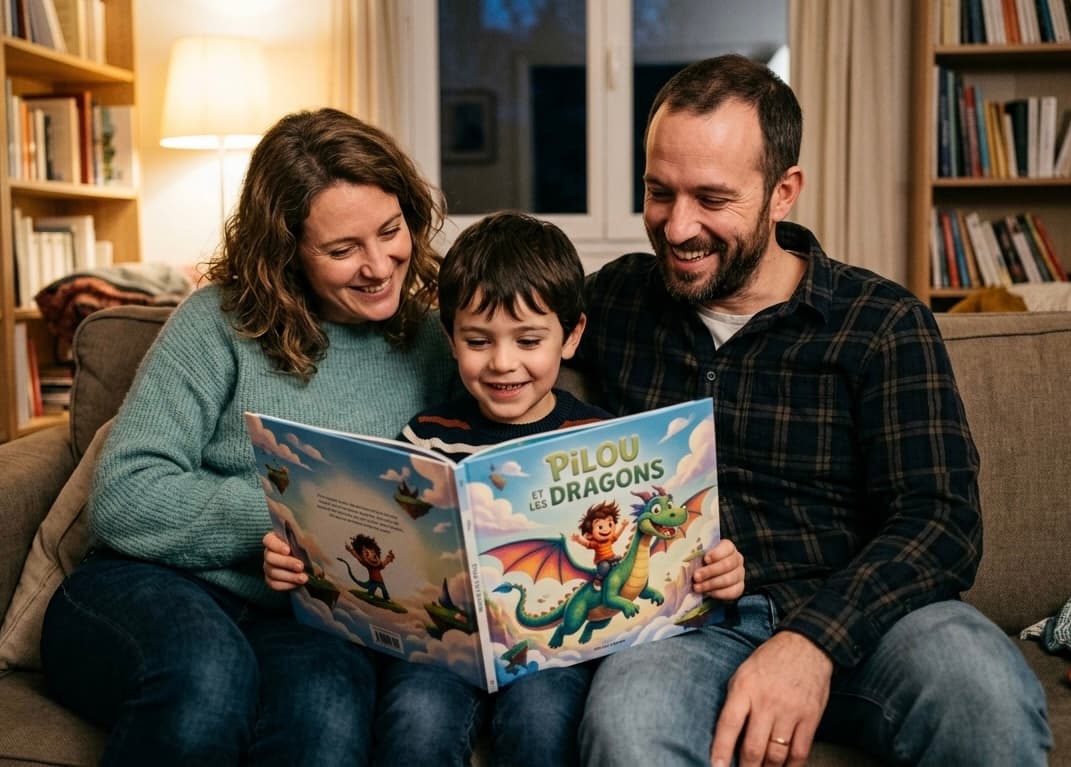 Des parents lisent un livre Storymagine imprimé à leur enfant